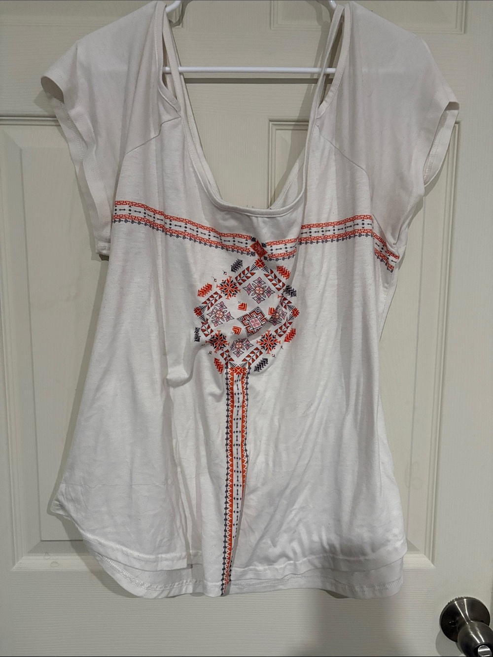 Off the shouldwrs White Embroidered Women's Tee with Red & Navy Accent
